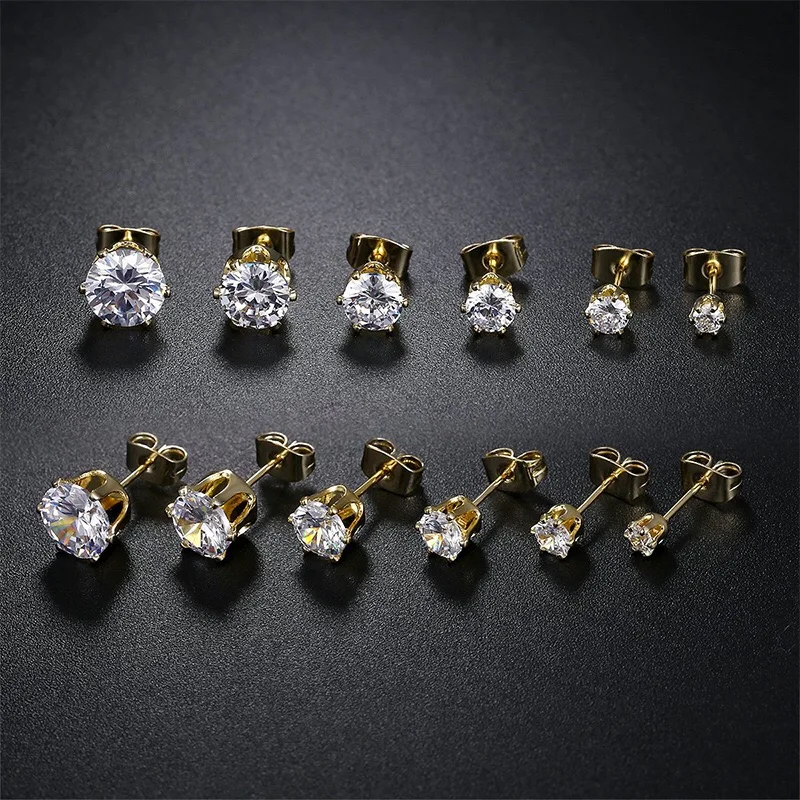 6 pairs Round Zircon Stud Earrings Stainless Steel Minimalist Simple Stone 3-8mm CZ Earrings for Women Men Unisex