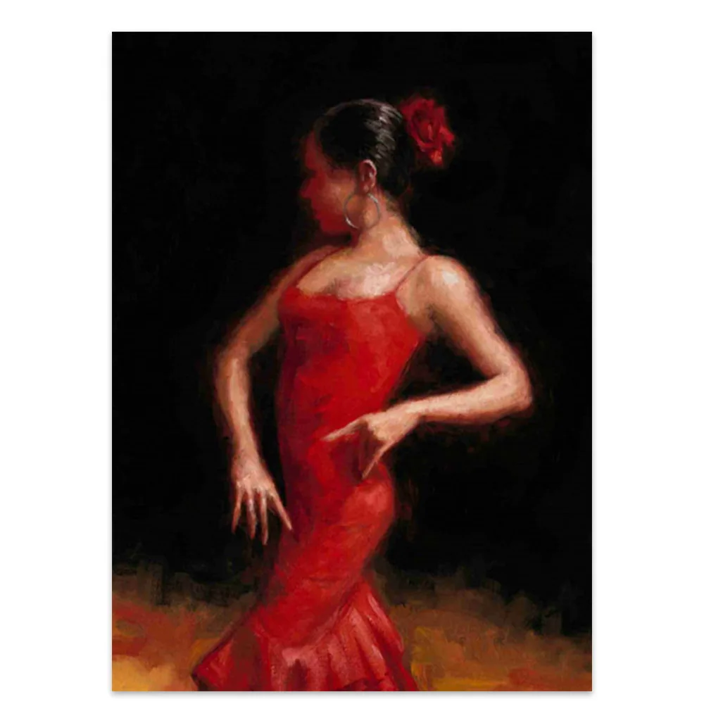 Hot spanish flamenco dancer canvas painting lady with red dress oil