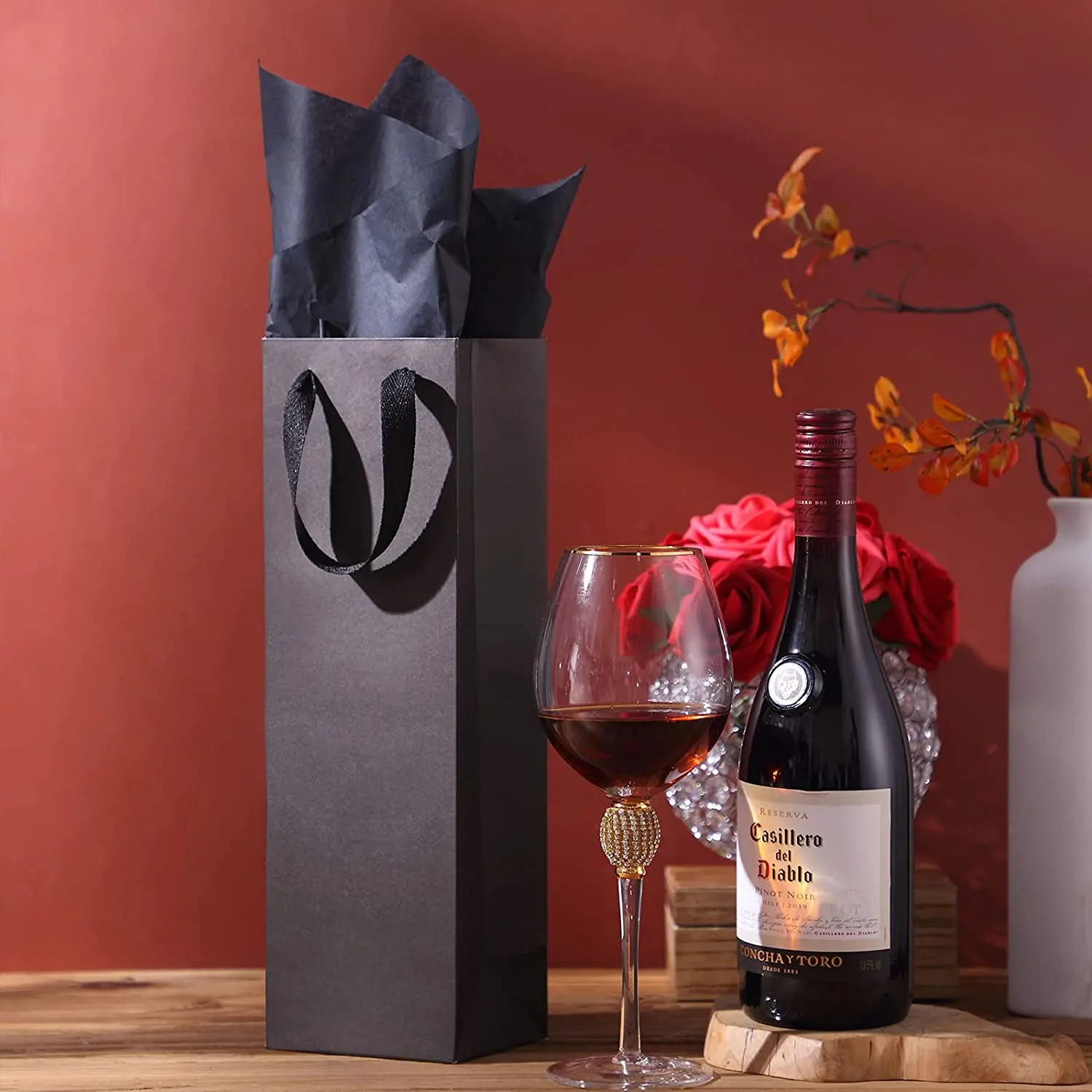 Wholesale luxury black champagne bag foldable rectangular gift paper bag wine paper bag with logo