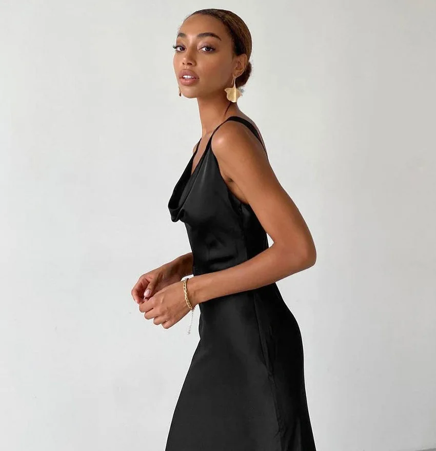Customized Summer New Tank Top Dress Ice Silk Satin Small Black Dress Sexy Backless Long Dress