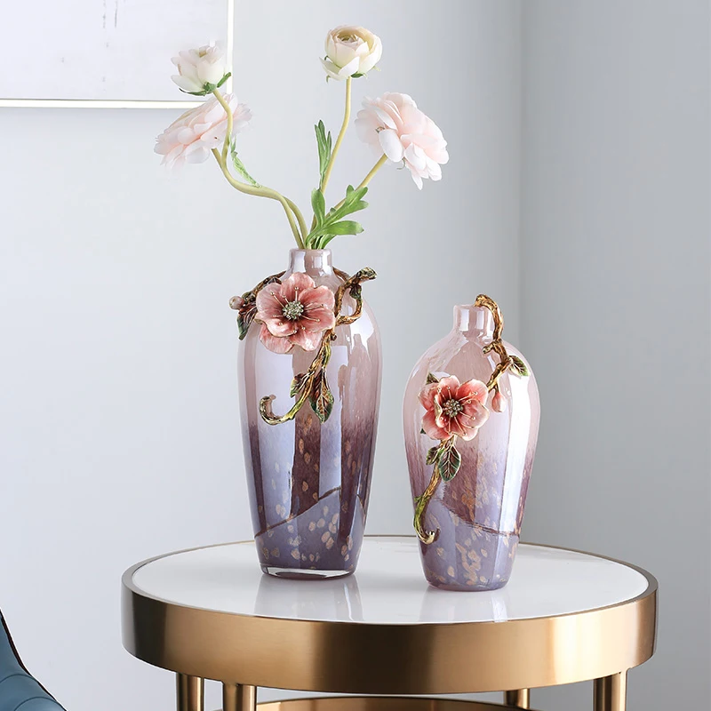RORO Vases flower modern luxury home decor decorative enamel pink color glass flower vase for home hotel office restaurant decor