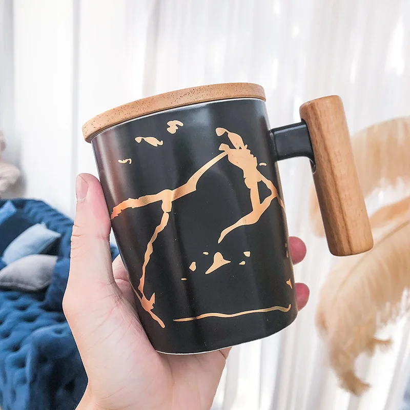 Seaygift Креативный новый дизайн мраморная Золотая деревянная ручка кофейная чашка керамическая рекламная Подарочная кружка для