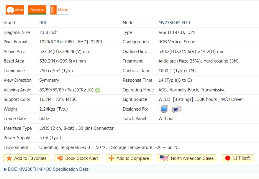 Boe Lcd 23.8 Inch Lvds Interface 1920x1080 ResolutionMV238FHB-N30	High Brightness Tft Lcd Display Modules Screen