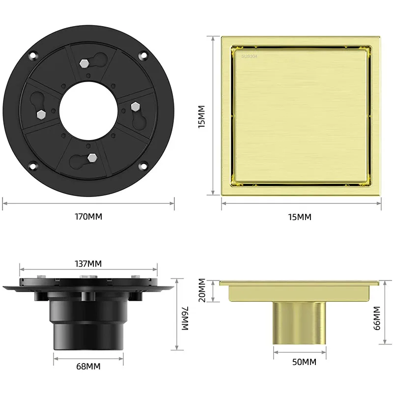 Bathroom shower 304 stainless steel drainage pipe gold anti-odor floor drain