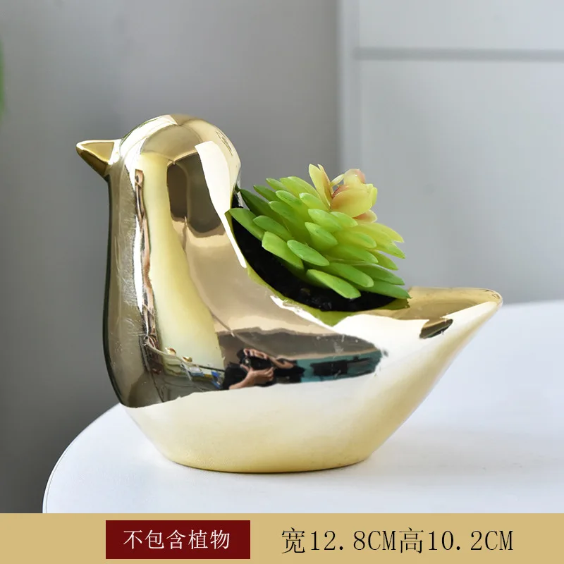Amazon Hot sale electroplated gold ceramic cute cartoon animal bird fleshy home gardening office desk decoration pot