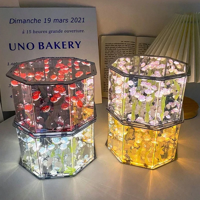 Rose Cube Night Light  Birthday Day Xmas Gift Handmade DIY Artificial Lampara de rosas Home Decor Octagon Infinite Rose Lamp