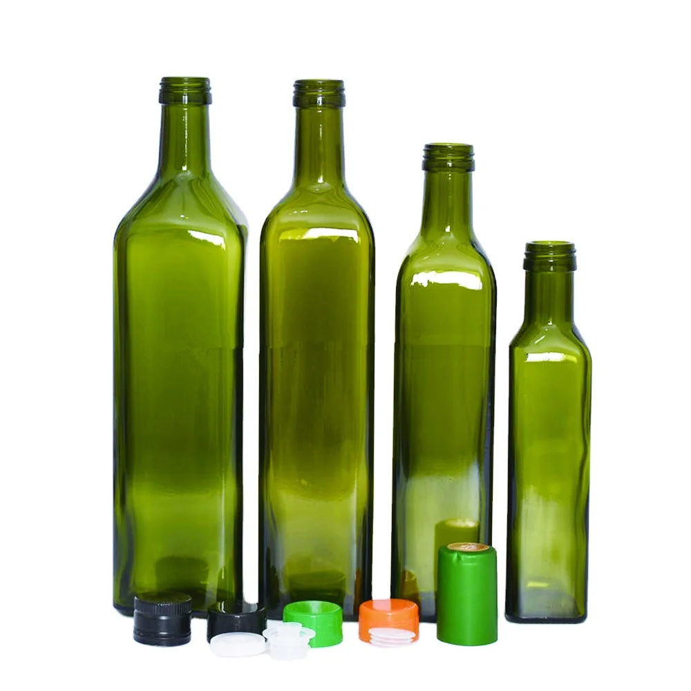 Food Grade 250ml 500ml 750ml 1L Empty Square Antique Green Marasca 1 liter Glass Bottle For Olive Oil