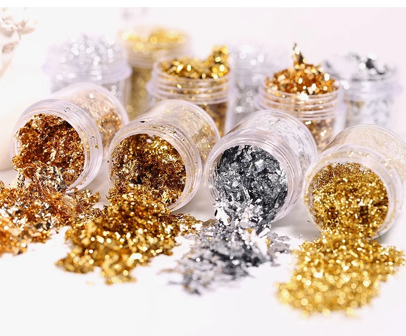 Popular Double-Sided DIY Nail Gold Foil Flakes 3D Aluminum Decoration Silver Confetti for Nail Art Glitter Stickers