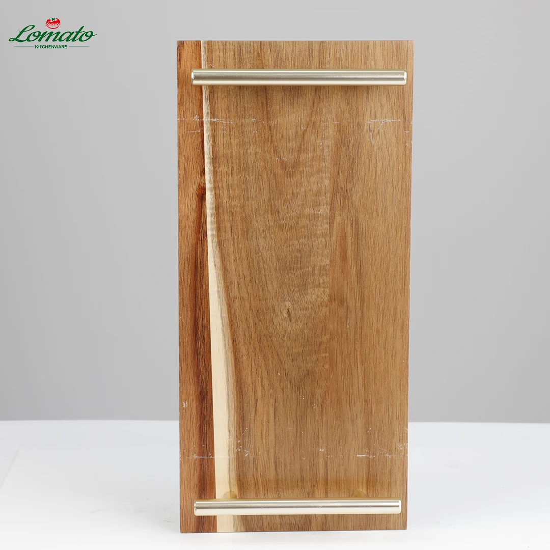 wholesale Factory Sale Premium Natural walnut acacia wooden trays with golden handles for breakfast