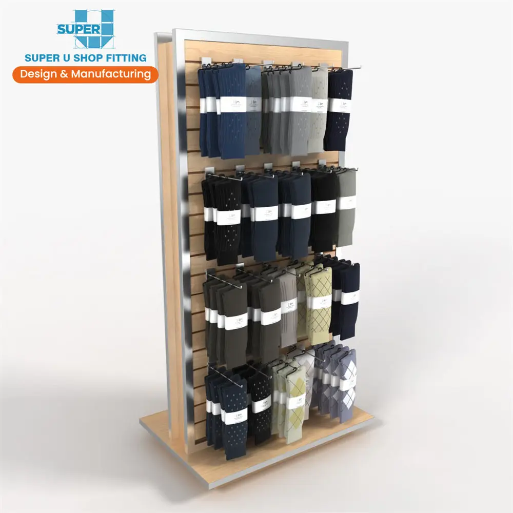 Custom Retail Sock Display Wooden Socks Sales Stand Furniture Footwear POP up Floorstanding Two Sided Mobile Display for Socks