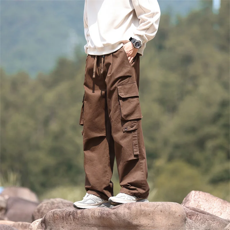 Workwear Style Drawstring Cargo Packet Stretchable Waist Cargo Pants Outdoor Active Wear-Resistant Work Trousers for Men