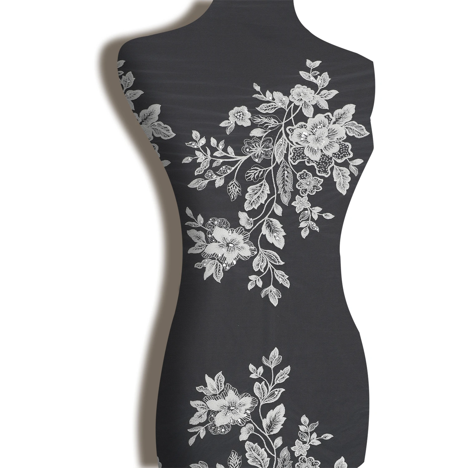 Yanzi White Floral Embroidery Beaded Lace Applique with Sequins Bridal Wedding Dress Luxury Applique