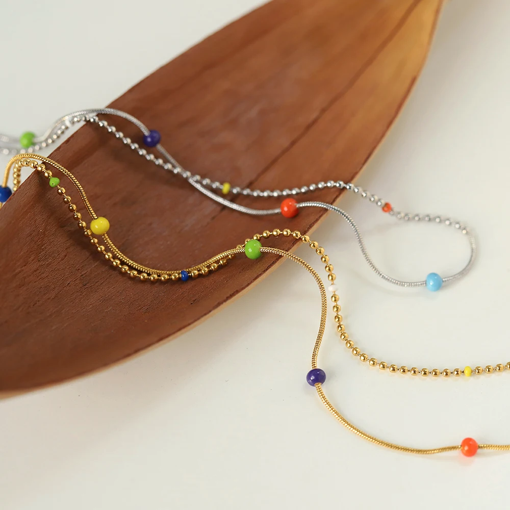 Jelly bean colorful Enamel Round bead pea chain silver necklace clavicle chain stainless steel gold and silver tarnish free