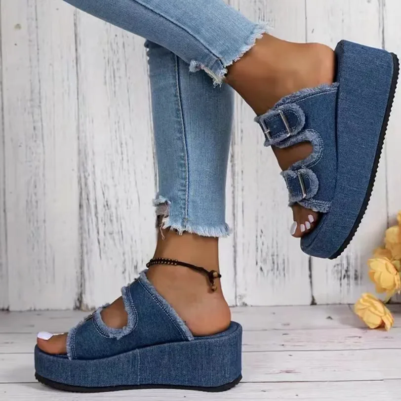 Summer Women Double Breasted Jeans Demin Slippers Beach Buckle Slippers Soft Ladies Shoes canvas women sandals flat