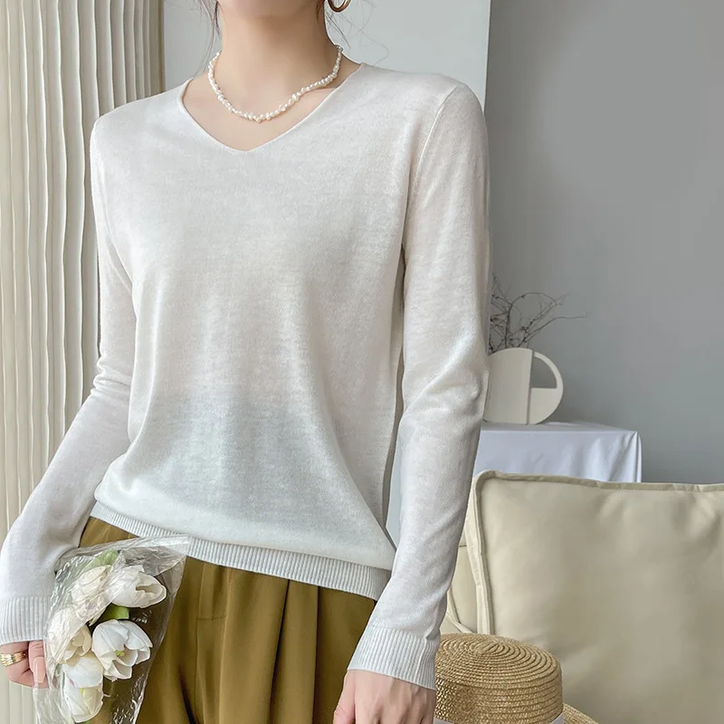 Autumn and Winter Thin Basic Simple and Versatile Solid Color V-neck Pullover Long-Sleeve Wool Sweater for Women
