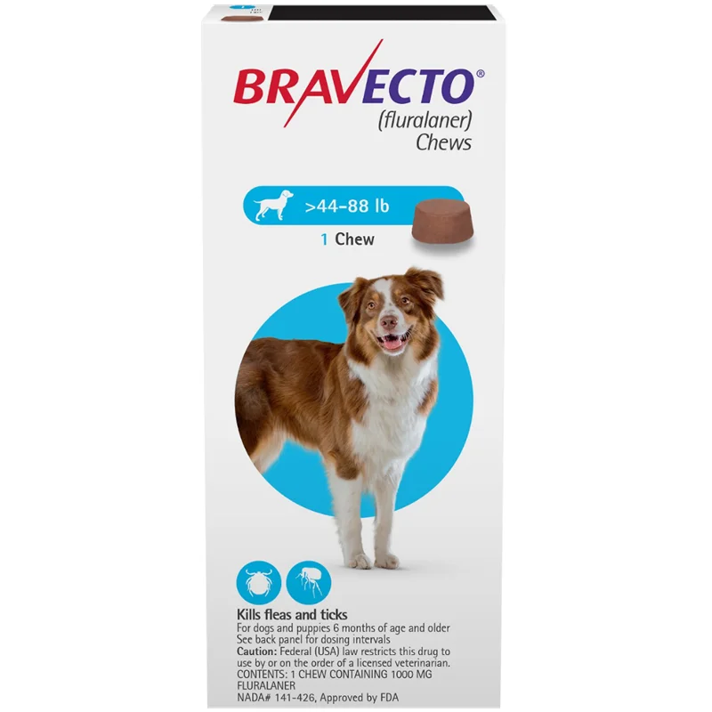 
Bravecto Chews for Dogs, 44-88 lbs, 20-40kg (Blue Box) 1000mg Fluralaner Wholesale 