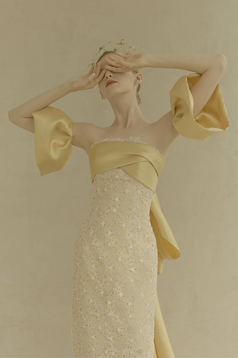 QUEENS GOWN Candy yellow off-shoulder high quality embroidery lace puff sleeve bow ribbon simple elegant princess prom