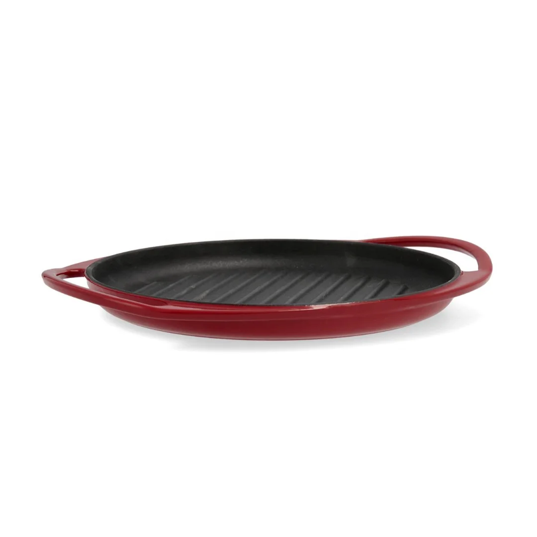 kitchen non stick enameled cast iron stove top round bbq griddle plate grill pan with two handles