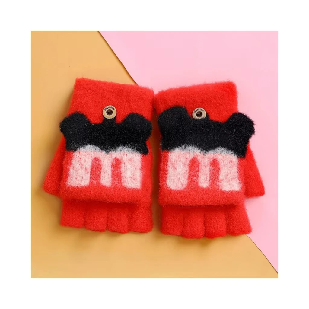 Convertible Flap Cover Kids Knitted Warm Fingerless Gloves With Adorable Rabbit Pattern For Girls Boys
