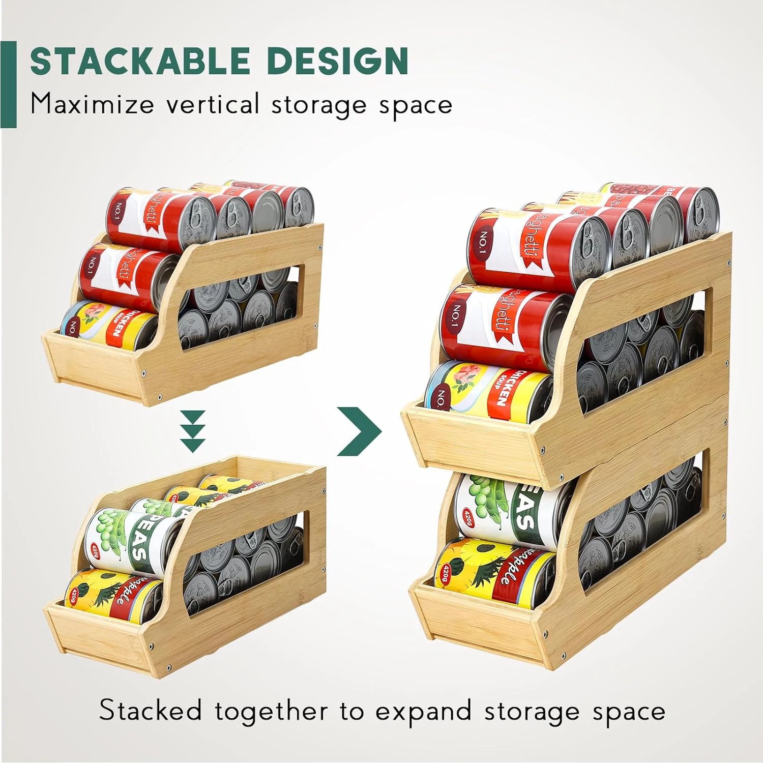 Bamboo Can Organizers and Storage for Pantry Soda Can Organizer Beverage Drink Holders Stackable Canned Goods Organizer