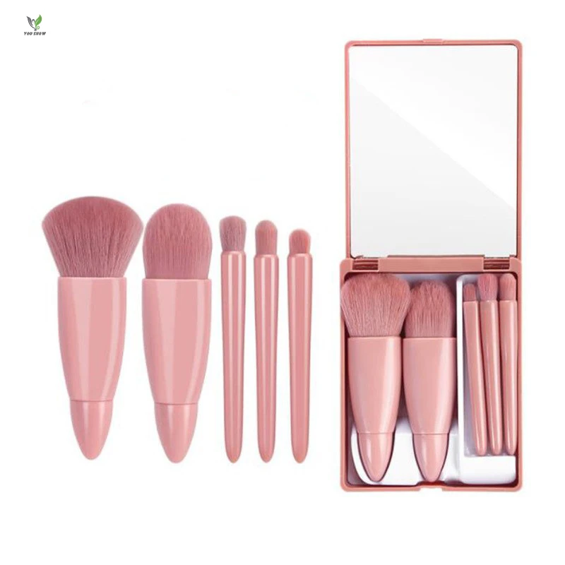5Pcs Custom Pink mini travel beauty brush set Cosmetic Tools Portable Makeup Brush Kit With Mirror