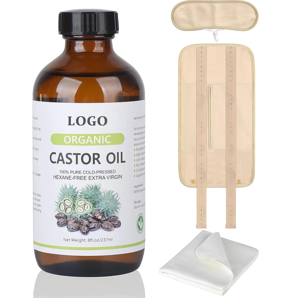 100% Pure Organic Cold Pressed Castor Oil with Reusable Pack Wrap Kit Organic Cotton Black Castor Oil for Body Health Massage