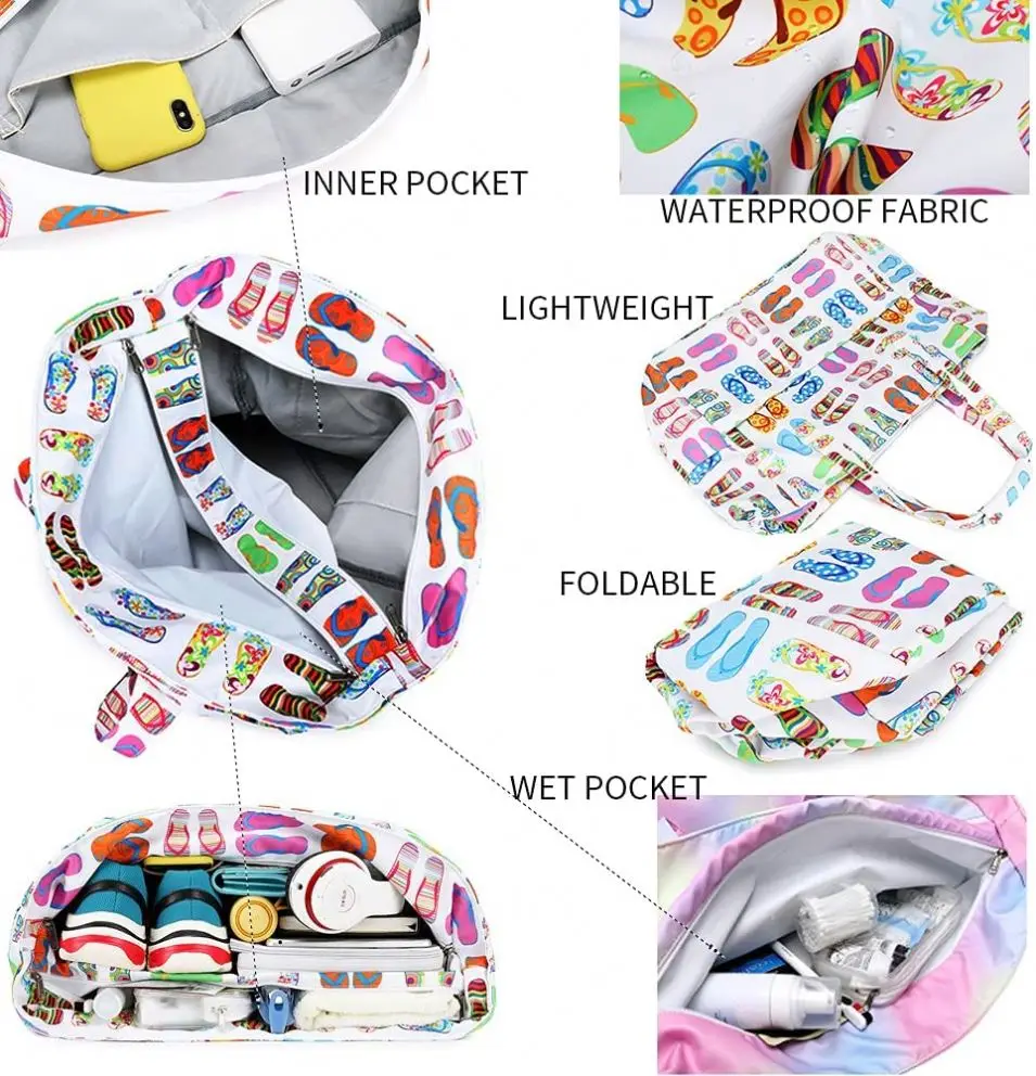 women beach bag waterproof Beach Tote Pool Bags With Wet Compartment for Weekender Travel