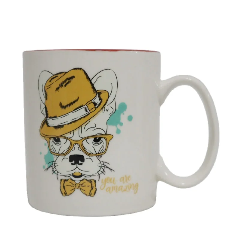 
Eco-friendly Large Straight Shape Stoneware Ceramic Water Cup Wholesale White And Red Glazed Ceramic Mug With Animal Logos 