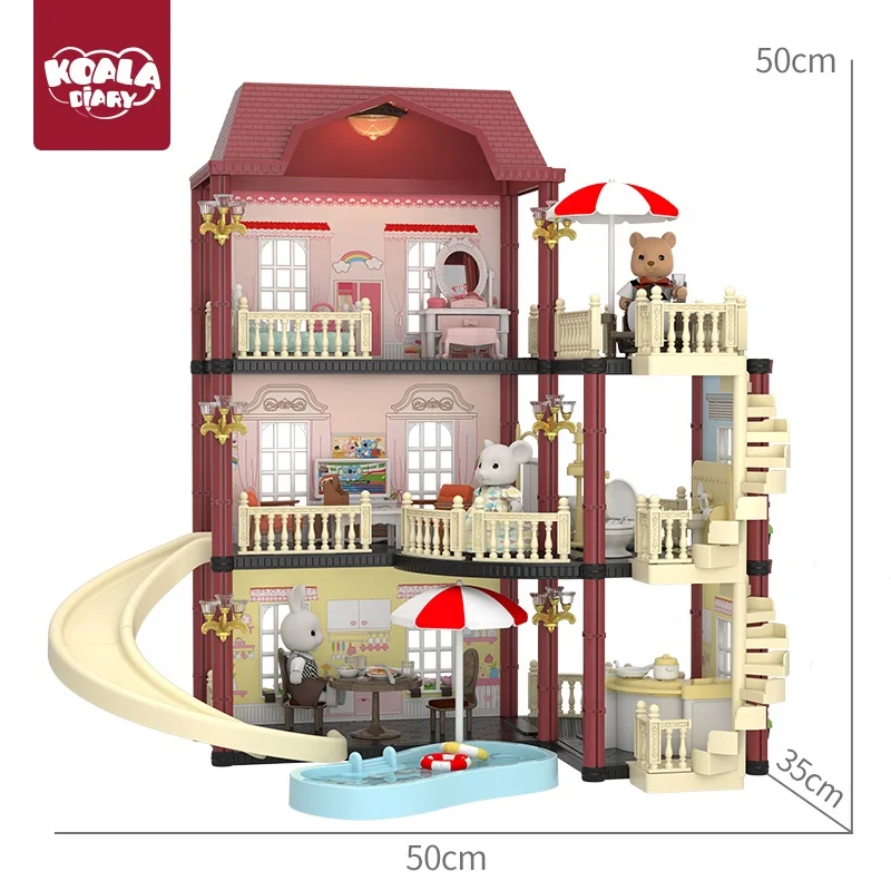 Diy Dollhouse for Girls with Swimming Pool and Slide, Doll House Miniature Furniture Kit, Dollhouse Play Set for Kids