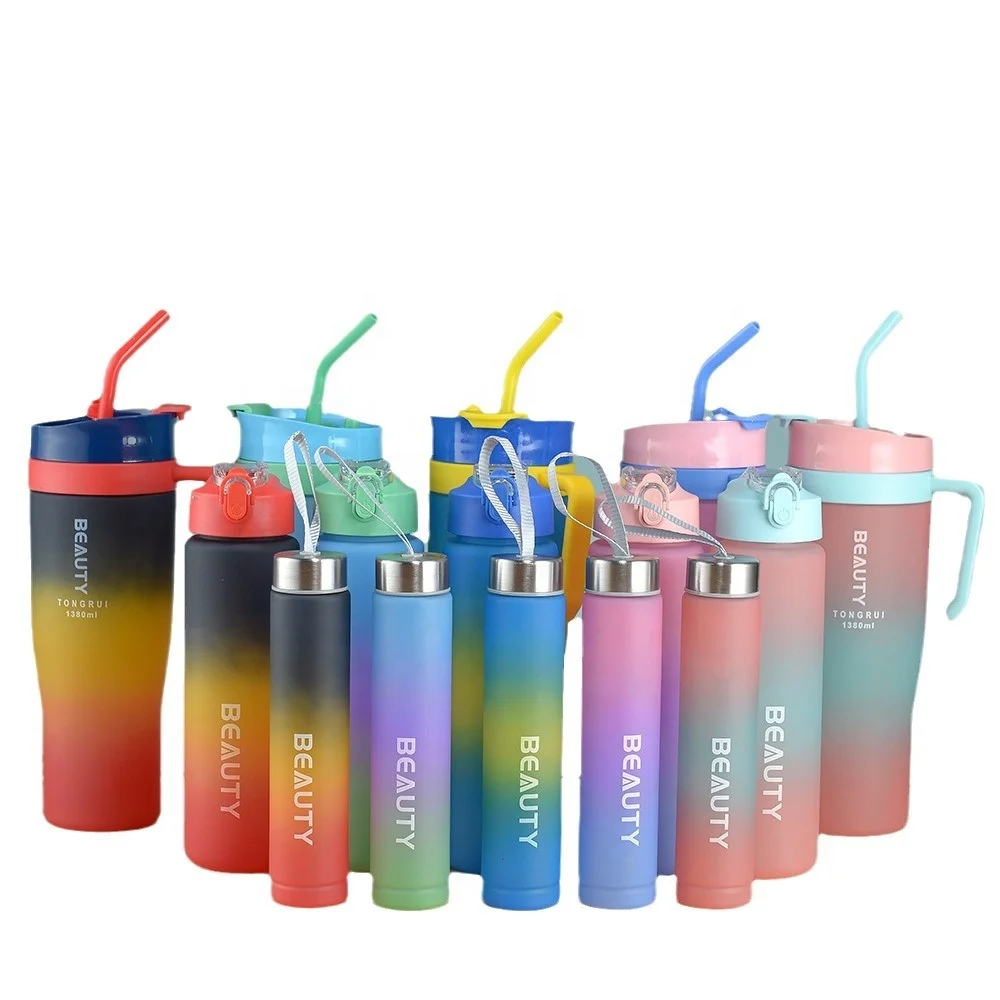 Plastic 3-piece family cup set large capacity sports straw cup with sticker handle tumblers wholesale bulk