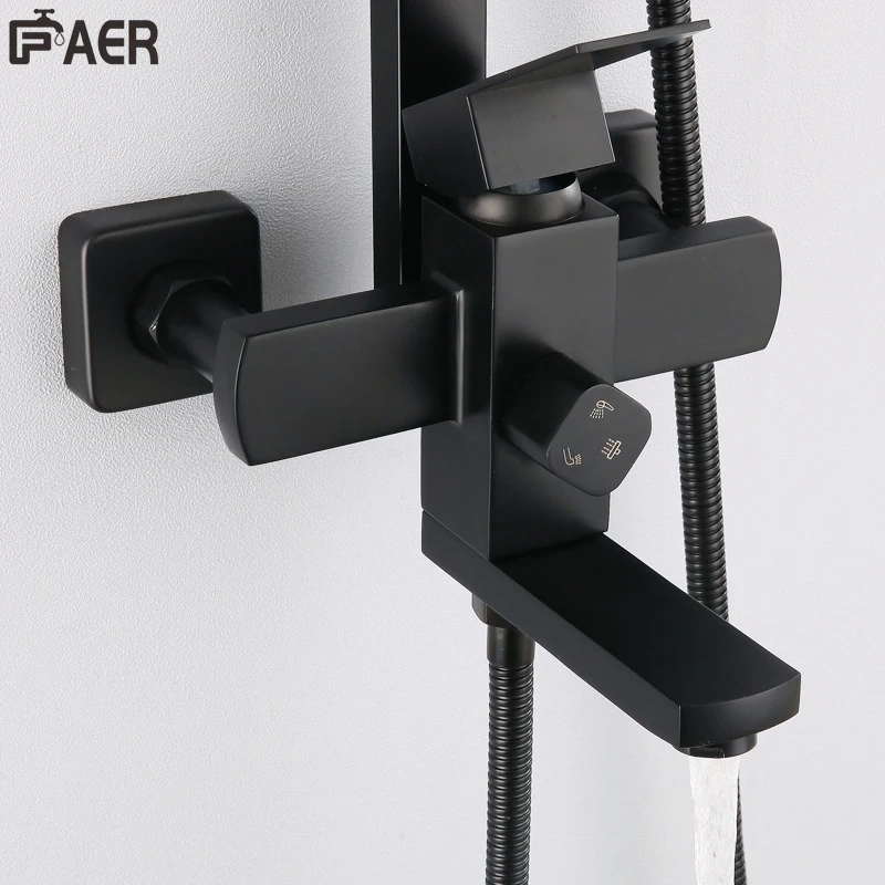 Matte Black Stainless Steel Wall Mounted Square Top Spray Hot Cold Shower Faucet Set Bath Mixer for Bathroom