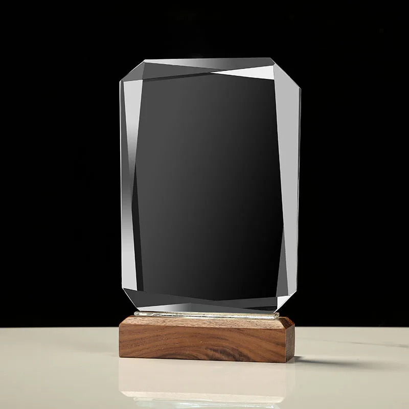 Creative large clear k9 color printing wooden trophy excellent company employees wood medal wooden crystal trophy sandblasting