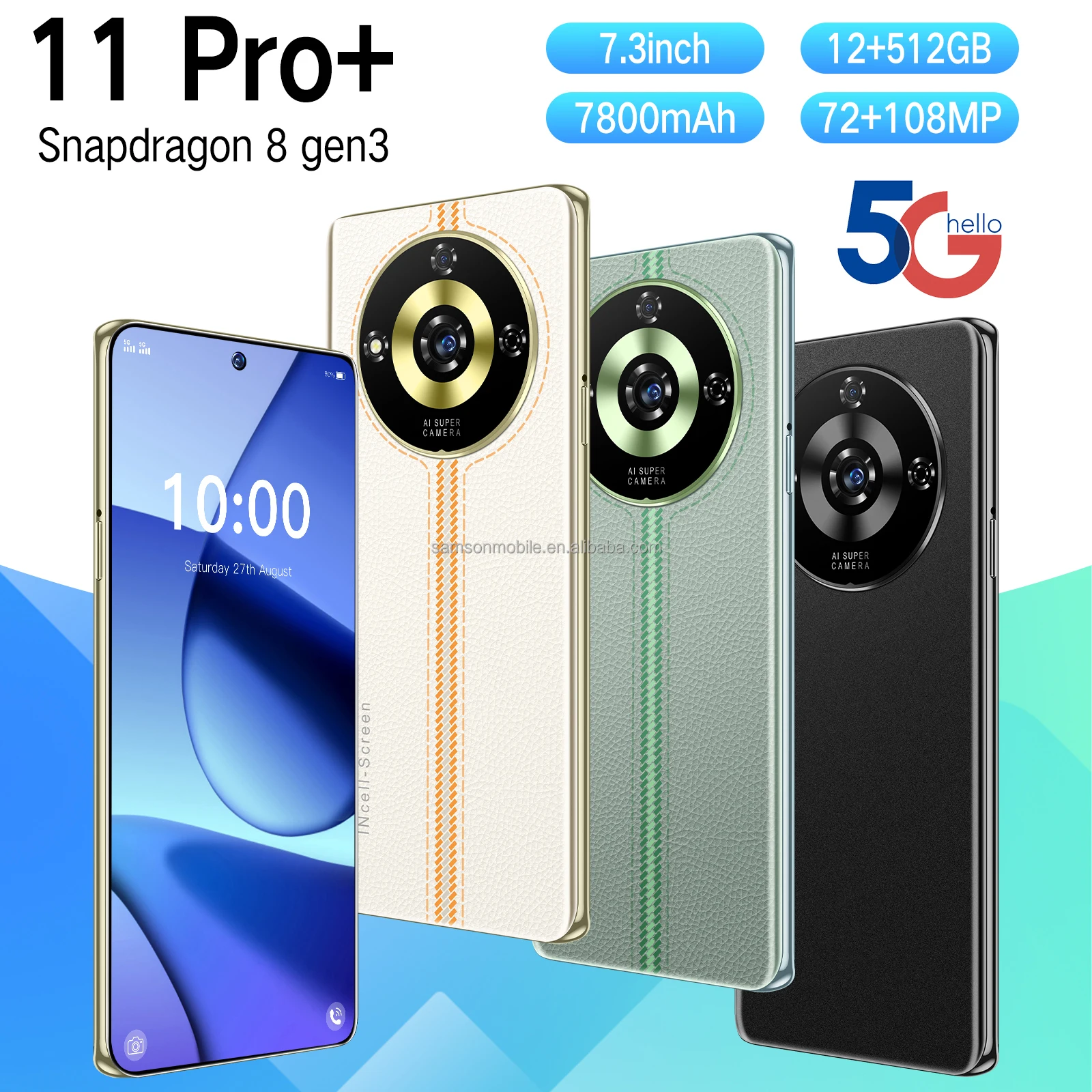 New design Cross-Border 11 Pro+ Android 8-Core 12+512G Mobile Phone 7.3 Inch 108MP HD Large Screen  5G smartphone