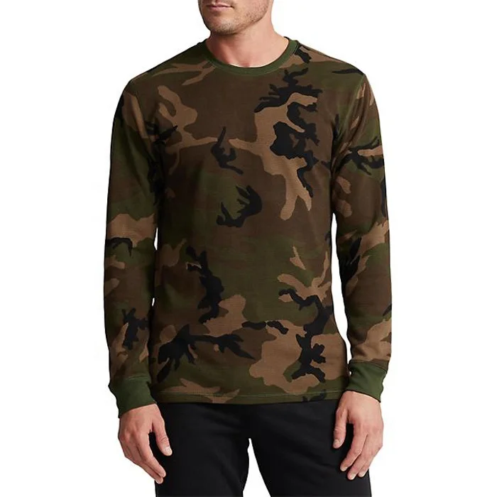 Custom Screen Printed Heavy Cotton Knitted Camo Waffle Tee Camouflage Thermal T Shirts Double Layer Long Sleeve T-shirts For Men