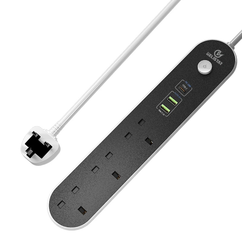 British Multifunctional USB Power Strip Type C PD Quick Charger Surge Protector Extension cord 3outlets Socket 2M Copper UK Plag