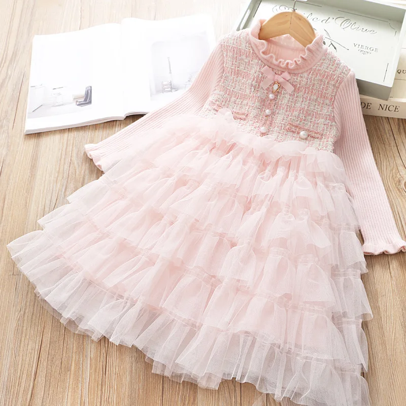 Sweet girl cake dress autumn new girl layered mesh yarn stitching dress