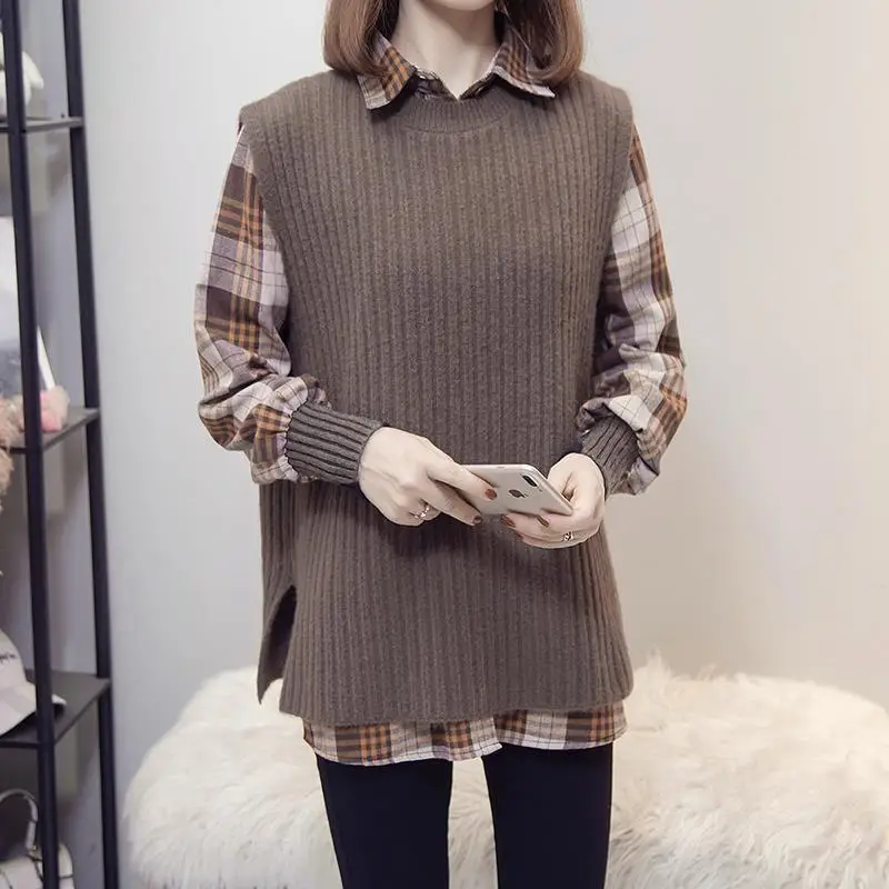 2022 Japan Korea autumn winter new fashion cotton shirt and vest 2 pieces set for women matching sets outfits