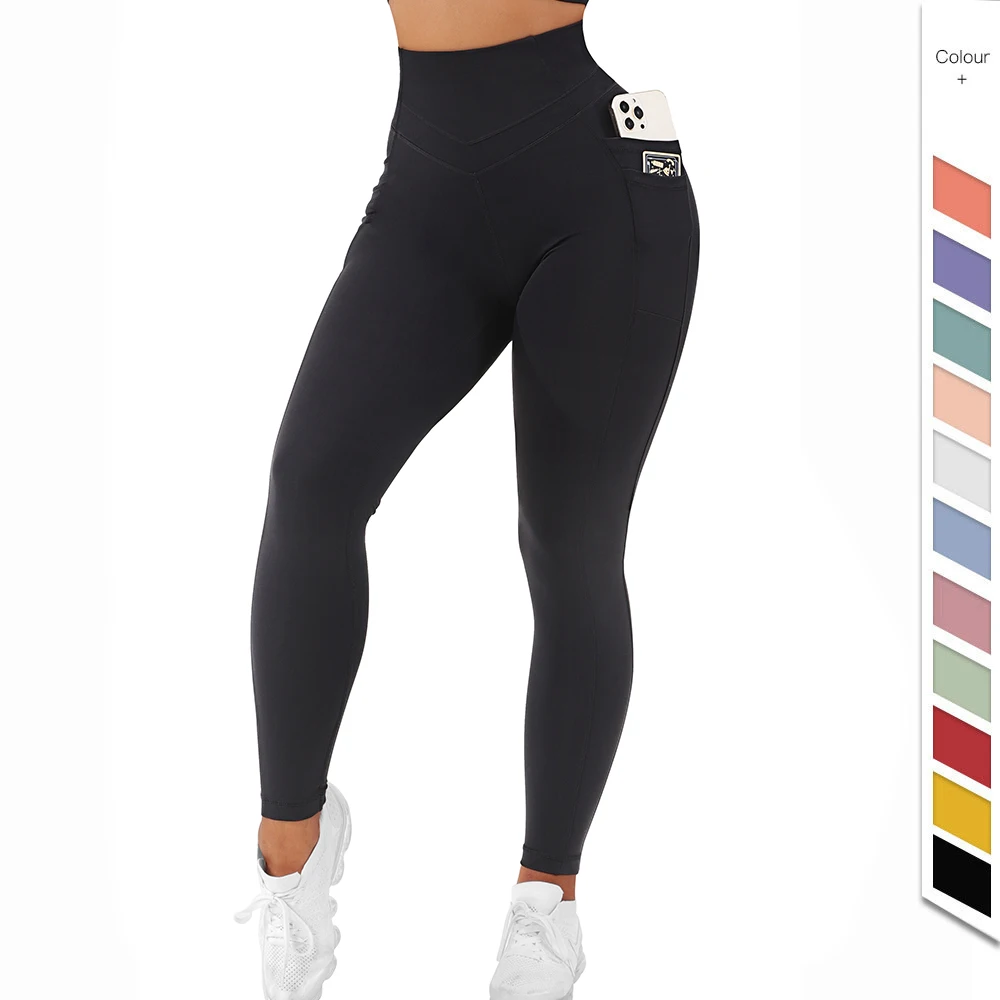 Custom Design Yoga Pant Workout Tights Plus Size Running Gym Wear  V Line Waist Women Black Yoga Leggings with Phone Pockets