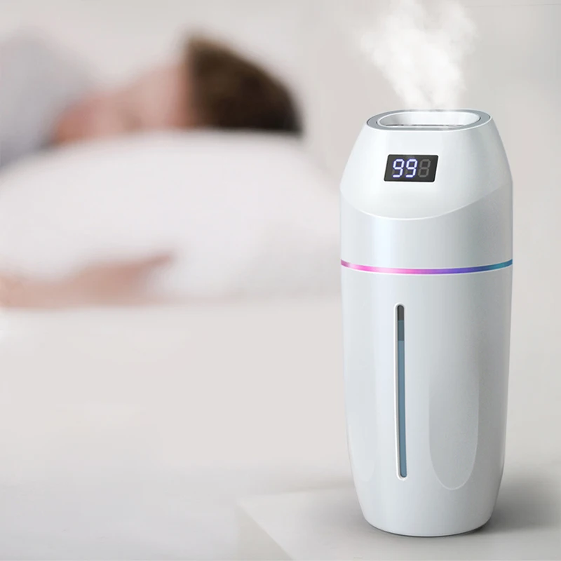 Mute Design 500Ml Automizing Intelligent Led Display Usb Rechargeable Colorful Light Double Nozzle Humidifier For Car Desktop