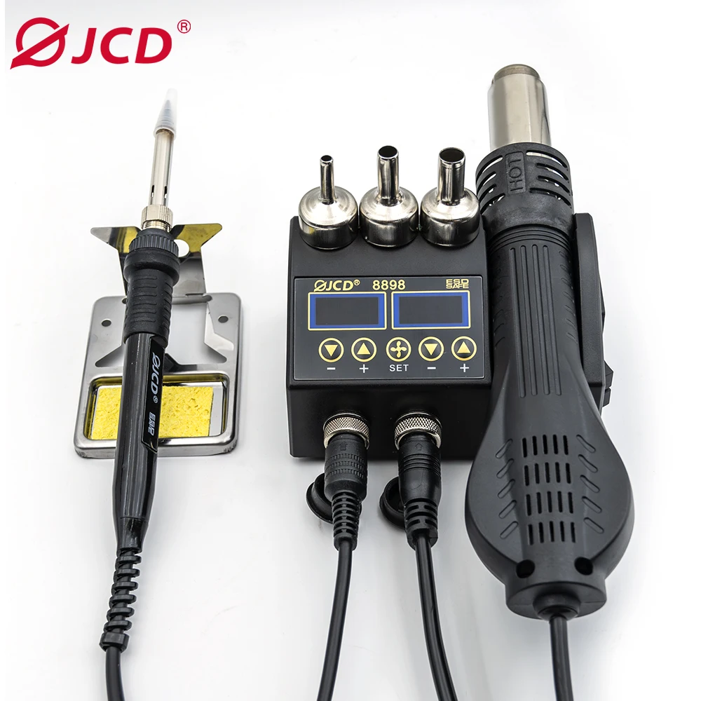 JCD 8898-7TK Soldering Station Rework Station Hot Air Gun Welding Repair Soldering Iron Tools with Tweezer Sucker Solder Wire