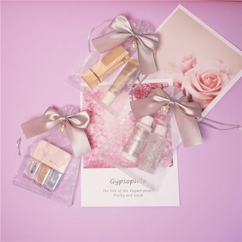 Mesh Organza Pouches Gift Bags with Ribbon Bow and Pearl Drawstring Organza Bag for Cosmetics