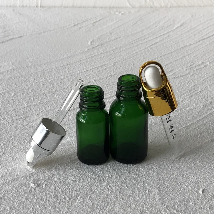 Pipette Dropper Cosmetic Packaging Dark Green Essential Oil Glass Bottle With Basket Dropper