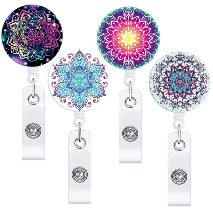 
Mandala Badge Holder Carabiner with Alligator Clip On ID Card Holders Retractable Badge Reel 