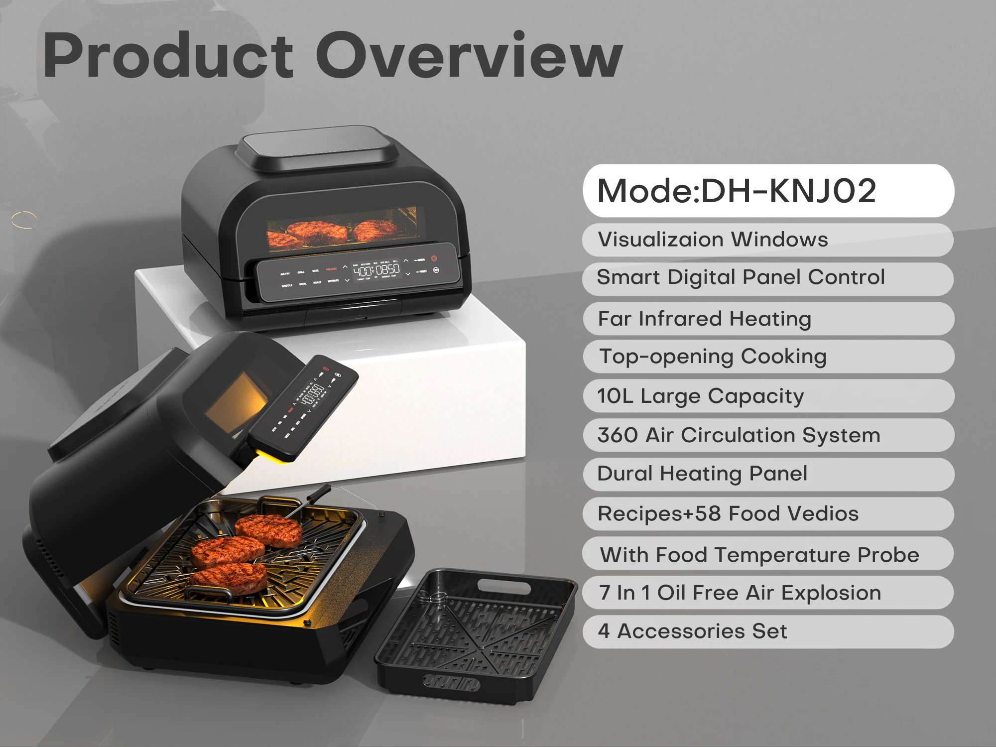 Black Household Portable Digital Touch Screen Panel With Transparent Windows Indoor Smart Kitchen Appliances Electric Deep Frye