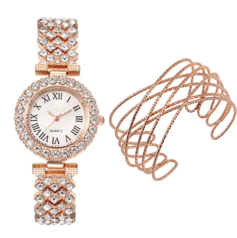 Ladies Quartz Watches Rose Gold Luxury 2pcs Set Glass Women 18K Gold Plated Latest Alloy Round Fashion Jewelry Watches Women