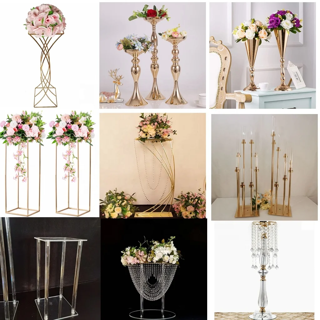 Ourwarm Luxury Geometric Gold Tall Frame Table Wed Flower Stand Mesa De Centro Metal Vases for Wedding Table