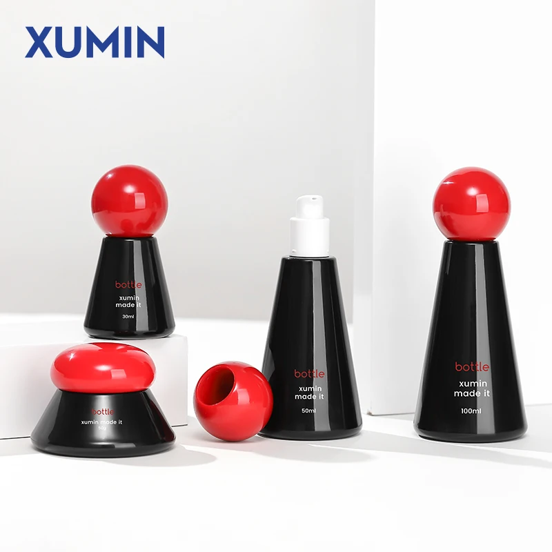 Wholesale Luxury Black Glass Cosmetic Bottles and Jars with Pumps and Lids for Skincare Packaging