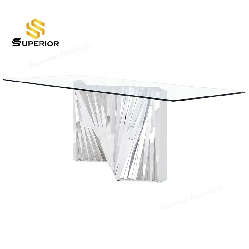 Classic 8 seater luxury glass top metal dining table set stainless steel bases