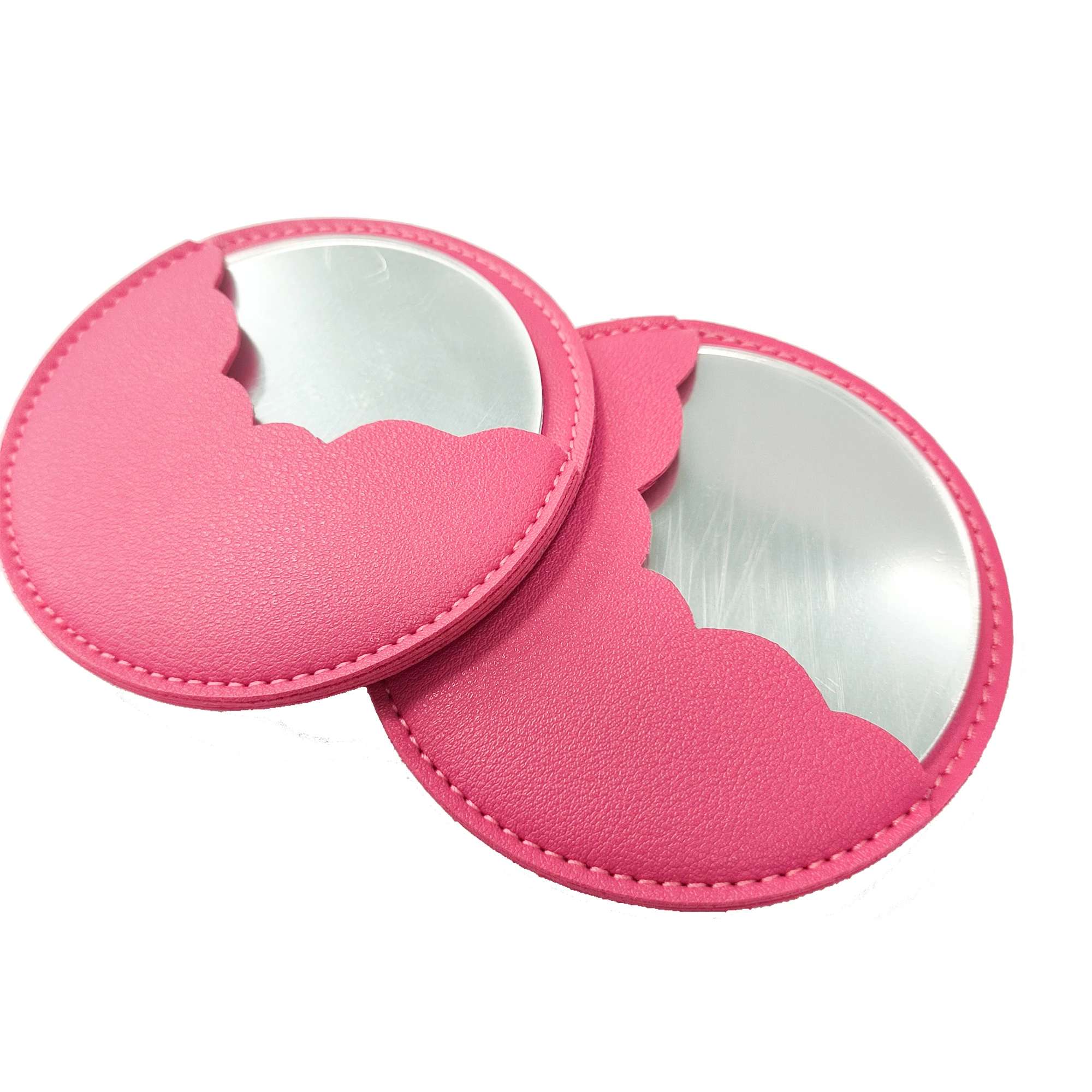 New Style 2024 Simple Minimalist PU Leather Travel Cosmetic Mirror Round Shape Pink Leather Pocket Mirror for Makeup