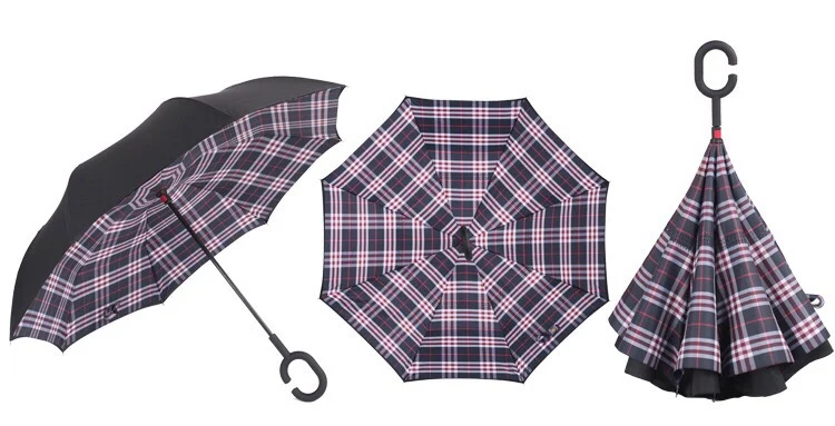 Cheap Checks Double Layer Upside Down Inverted Car Umbrella rainproof windproof C-Handle Reverse umbrella parasol for travel